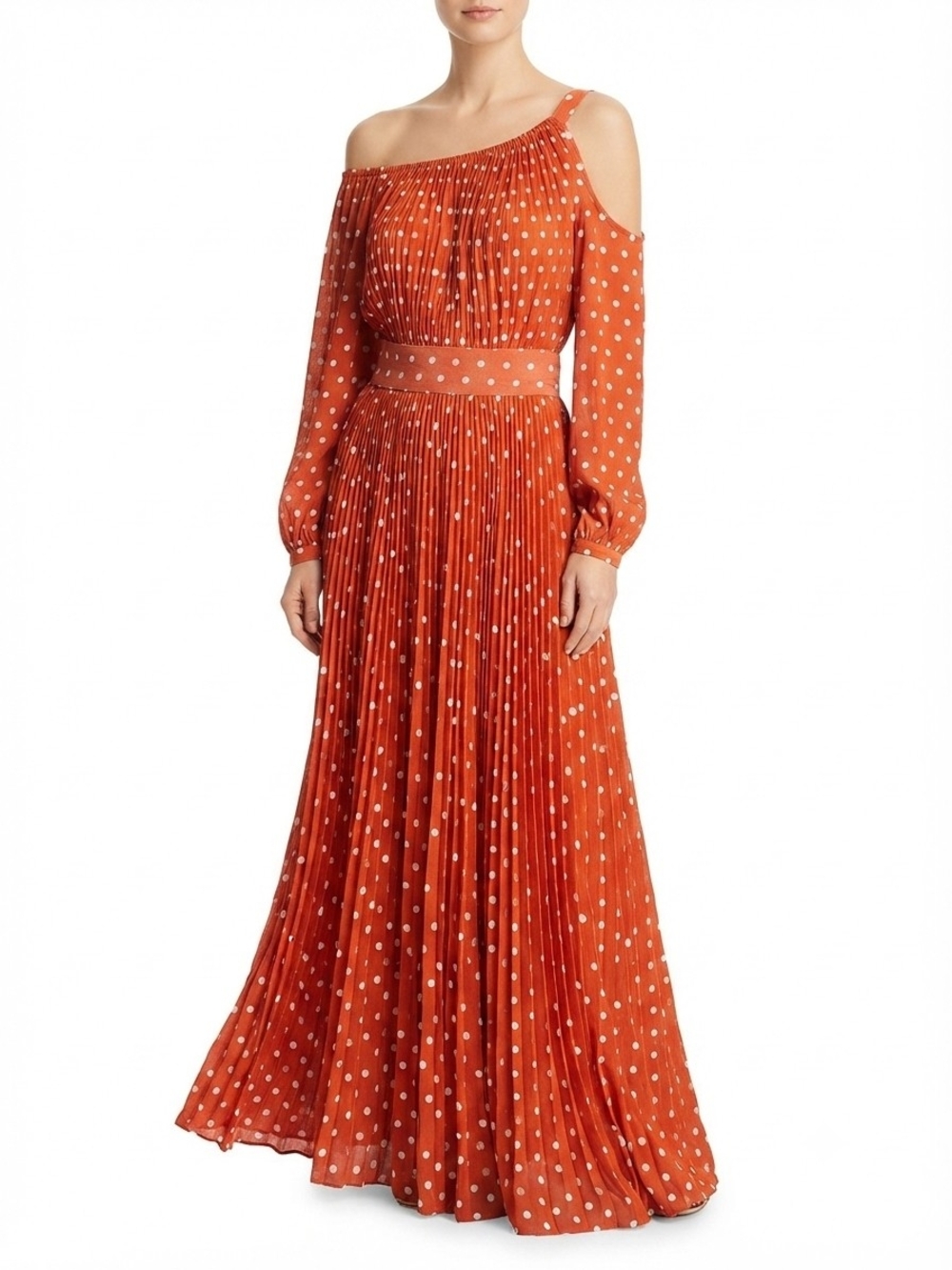 Eien One-Shoulder Rust Polka Dot Pleated Maxi Dress